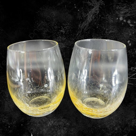 Pier 1 Yellow Crackle Double Old Fashion Drinking Glasses Tumblers Set 2 Glasses - Picture 1 of 13